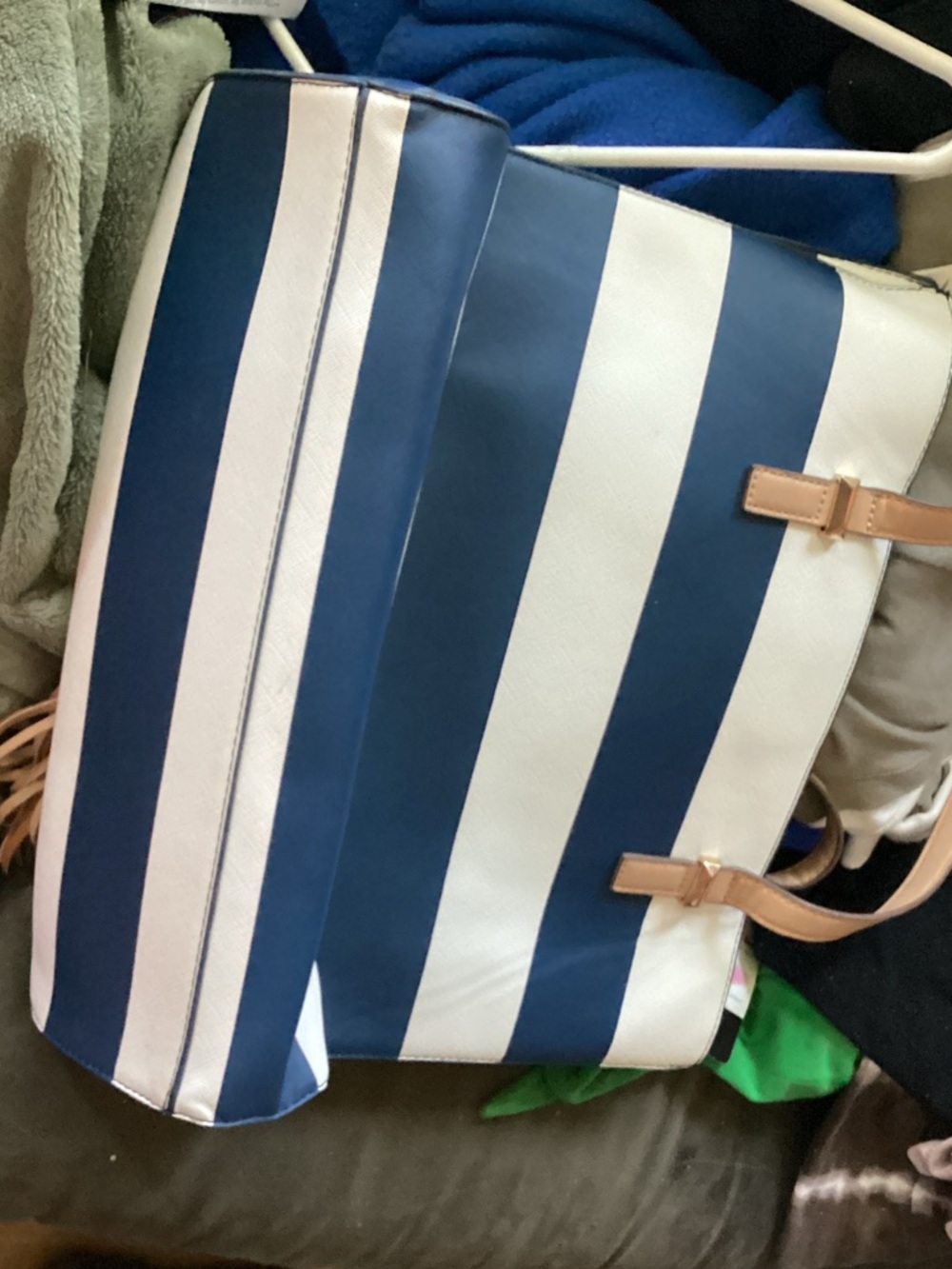 Madison West Navy and White Striped Tote with Tan Handles